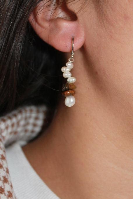 pendientes plata de ley ojo de tigre natural y perlas cultivadas